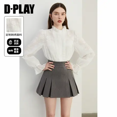 DPLAY2024秋季新品通勤立领白色泡泡袖荷叶边蕾丝拼接衬衫上衣女图片