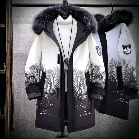 男士冬季外套韩版潮流渐变棉衣男中长款连帽毛领冬装棉袄羽绒棉服商品大图