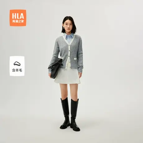 【含羊毛】HLA/海澜之家长袖通勤V领针织开衫秋新款复古外套女装商品大图