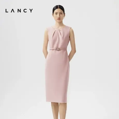 LANCY/朗姿2024春季新款无袖设计感通勤收腰醋酸裙子中长连衣裙女商品大图
