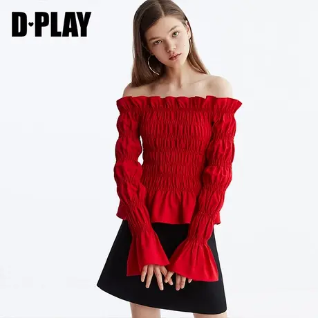 DPLAY德帕拉早秋新品正红色一字肩木耳边喇叭袖性感雪纺衫商品大图