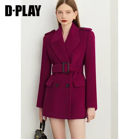 DPLAY冬季气质炸街暗夜玫瑰紫戗驳领2穿宽腰带短款西装呢大衣图片