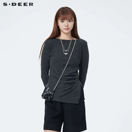 sdeer圣迪奥女装圆领压褶开叉不规则长袖T恤S23480206图片