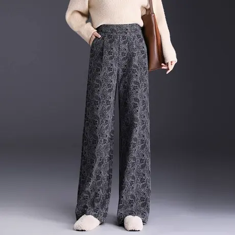 复古印花直筒裤女2025秋季新款高腰显瘦拖地休闲裤通勤窄版阔腿裤商品大图