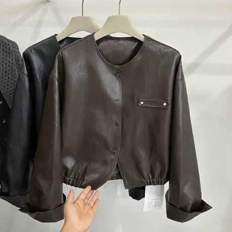 韩系复古圆领蛋白皮机车皮衣外套女2025秋季新款休闲夹克短款上衣商品大图