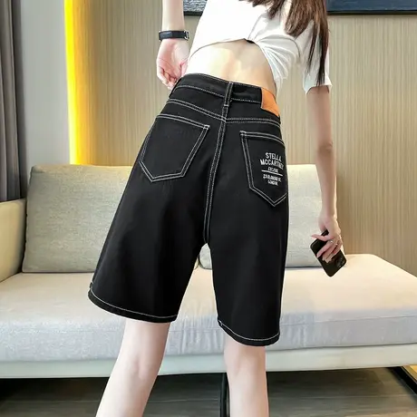 黑色牛仔短裤女五分2023年春夏薄款高腰宽松遮肉显瘦A字明线中裤商品大图