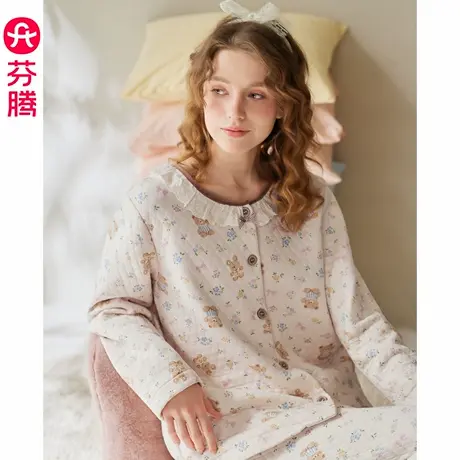 芬腾女士睡衣秋冬季空气棉夹层长袖纯棉套装女款休闲加大码家居服商品大图