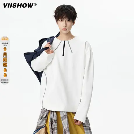 VIISHOW半拉链圆领T恤男秋季简约套头体恤衫男落肩袖宽松打底上衣商品大图