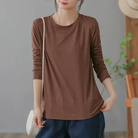 dza 复古纯色宽松T恤女2023春秋新款内搭显瘦上衣休闲长袖打底衫商品大图