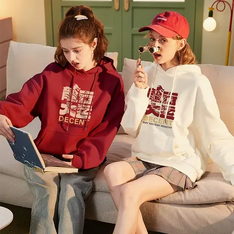 唐狮龙年新春卫衣冬季新款加绒红色新年款连帽过年卫衣女圆领图片