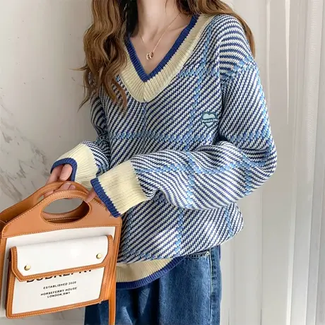 唐狮秋冬新款毛衣女套头毛衣v领蓝色早秋穿搭时尚慵懒风超好看TD图片