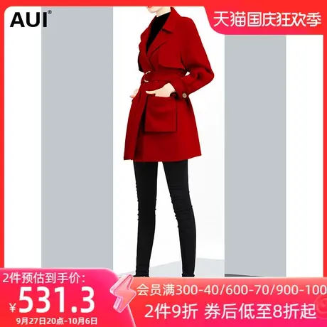 aui大红色呢子外套女2023年秋冬新款小个子气质短款西装毛呢大衣图片