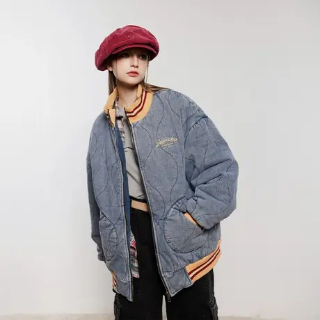 复古做旧美式棒球服棉服女冬季加厚外套2023新款拼色宽松棉衣棉袄商品大图