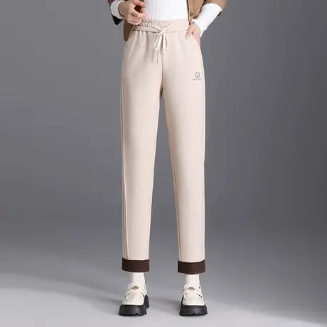 时尚哈伦裤女秋冬厚款毛呢休闲裤2023新款松紧腰小个子显瘦直筒裤商品大图