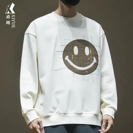希越笑脸刺绣重磅400g无帽卫衣男秋季青年宽松大码打底衫长袖t恤商品大图