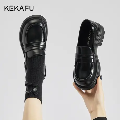 珂卡芙黑色英伦风小皮鞋女2023新款秋季粗跟一脚蹬乐福鞋软底女鞋商品大图