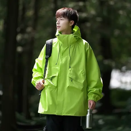 秋季男装薄款连帽夹克登山防风多口袋工装冲锋衣开衫外套户外上衣商品大图