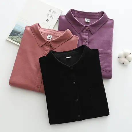 简约文艺衬衫女长袖小清新全棉休闲衬衣女春秋韩版纯棉灯芯绒宽松商品大图