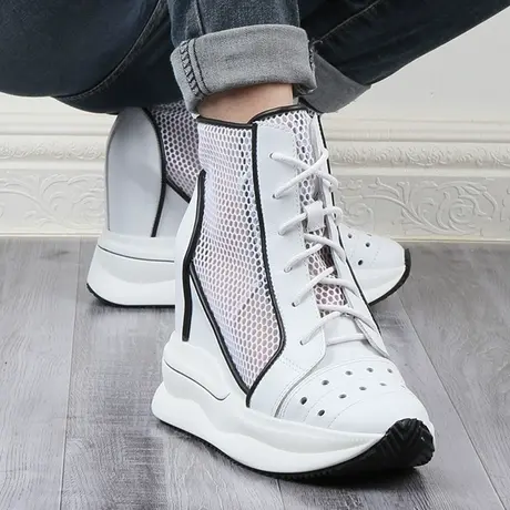 夏季网鞋女透气网面内增高波鞋2023年新款厚底白色松糕坡跟运动鞋商品大图