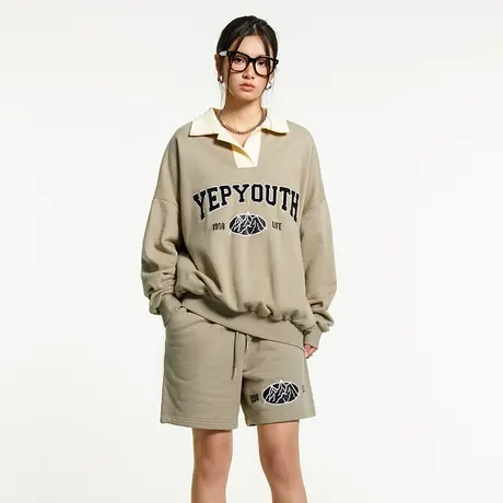 yep美式复古polo领卫衣女上衣春秋外套oversize套装五分运动裤潮商品大图