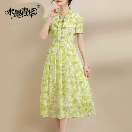 水墨青华2024夏季新品百搭显瘦飘带领印花裙中长款大摆雪纺连衣裙商品大图