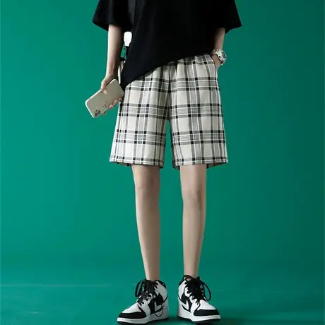 运动短裤女夏季宽松直筒港味显瘦休闲ins潮阔腿中裤5格子五分裤子商品大图