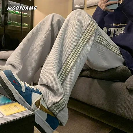 ins春秋季美式宽松休闲裤男潮流拼色华夫格直筒拖地运动裤长裤子商品大图