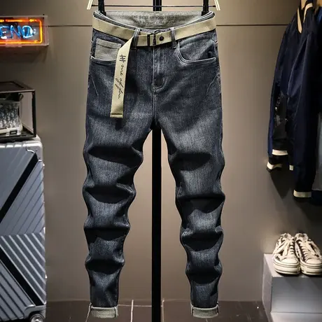 2021冬季牛仔裤男韩版潮流加厚修身小脚裤简约百搭长裤子直筒男装商品大图