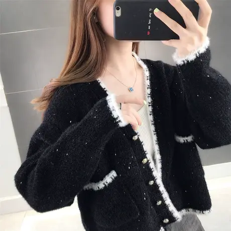 开衫2023春装女针织外套短款V领上衣新款小香风毛衣外套慵懒风商品大图