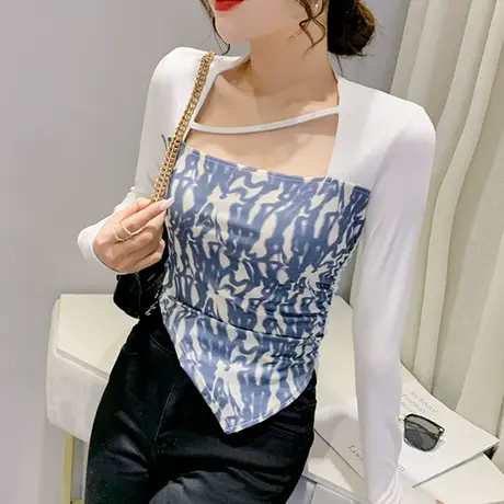 2023年新款假两件T恤打底衫女长袖春秋设计感不规则印花上衣欧货商品大图