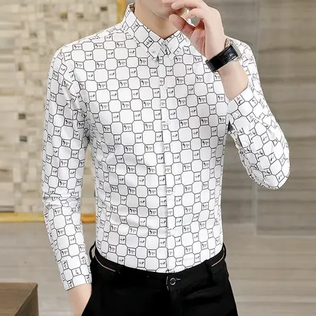 高级感格子长袖衬衫男春秋季韩版休闲潮牌衬衣发型师时尚百搭寸衫图片