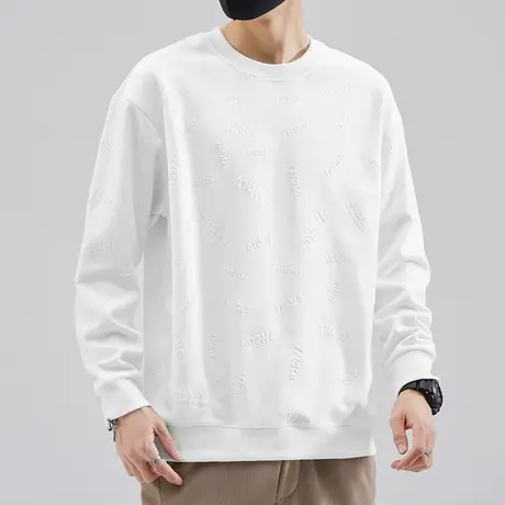 330g重磅卫衣男士2023新款秋季宽松潮流钢印无帽上衣白色长袖t恤商品大图