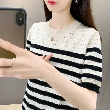 小个子气质显瘦条纹短袖t恤女夏装2025新款宽松镂空洋气体恤上衣图片