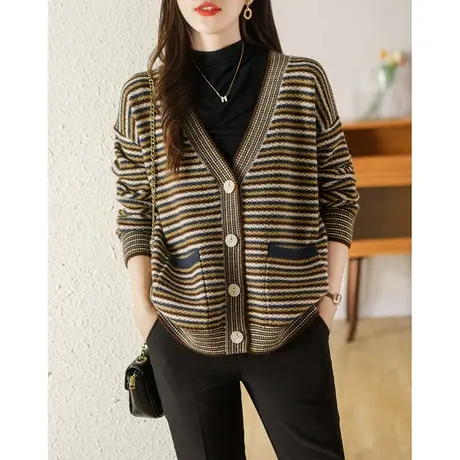 条纹针织衫开衫女士秋冬季2023新款民族风毛衣外套慵懒风宽松外搭图片