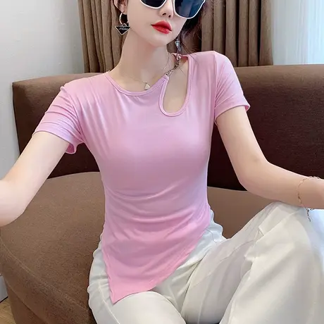 网红不规则短袖T恤女欧货高腰修身百搭小衫时尚性感镂空露肩上衣商品大图