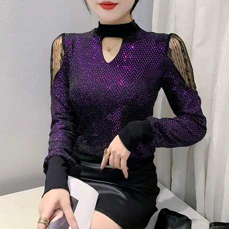 欧货亮片拼接镂空T恤女长袖气质网纱露肩上衣洋气修身个性打底衫商品大图