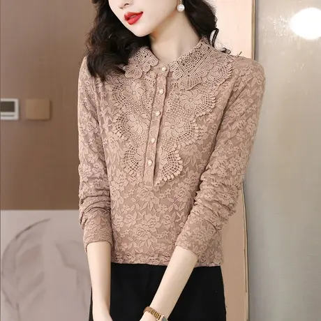 加绒加厚打底衫女2023秋冬装新款洋气减龄修身蕾丝衫娃娃领女小衫商品大图