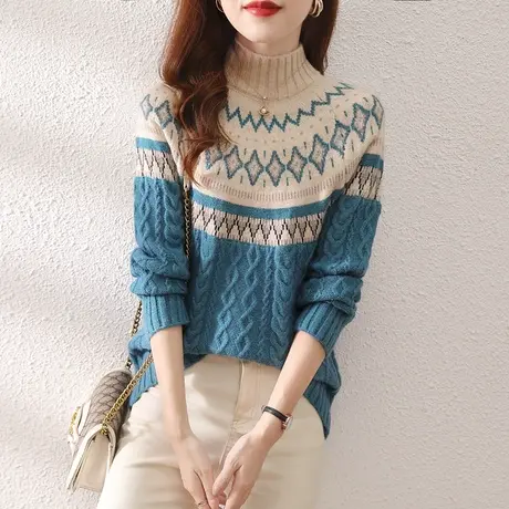 秋冬2023年新款女士加厚民族风宽松毛衣女半高领内搭打底衫洋气女商品大图