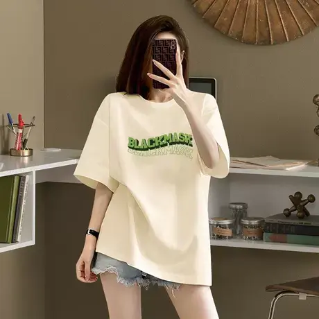 杏色印花字母美式复古潮牌短袖t恤女夏季新款宽松纯棉中长款上衣商品大图