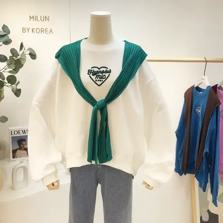 韩国东大门小众设计感披肩围巾两件套卫衣秋季新款刺绣字母上衣潮图片