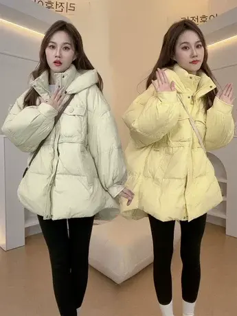 2023冬季新款羽绒服中长款韩版显瘦收腰抽绳连帽白鸭绒面包服上衣图片