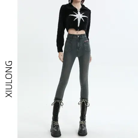 水泥灰高腰小脚牛仔裤女春秋季2023年新款显瘦修身弹力紧身铅笔裤图片