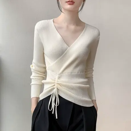 法式小香风V领长袖针织衫奶系穿搭早秋2023新品设计感小众打底衫商品大图