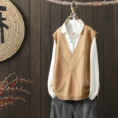 枫谜秋季新款镂空钩花马夹纯色V领百搭休闲毛线马夹图片