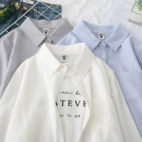 2020春秋新款简约磨毛白衬衣女复古文艺纯棉长袖方领打底衬衫韩版商品大图