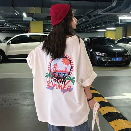 美式复古纯棉正肩短袖t恤女夏宽松半袖设计感小众chic港味上衣服图片