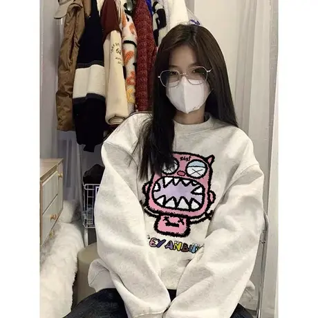 美式复古hiphop潮牌卫衣女2023春秋薄款设计感小众宽松慵懒风外套商品大图