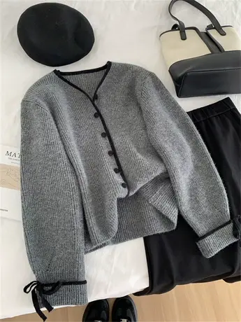 小香风撞色V领系带毛衣开衫女秋冬季小个子气质百搭针织外套上衣商品大图