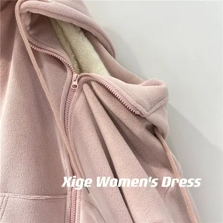 奥利绒加厚软糯卫衣外套女冬季减龄粉色宽松加绒保暖拉链连帽开衫商品大图