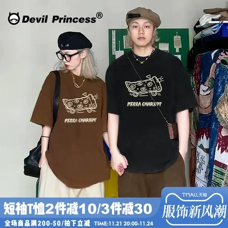 oversize美式复古街头咖色纯棉情侣t恤女2025夏季ins设计感短袖潮商品大图